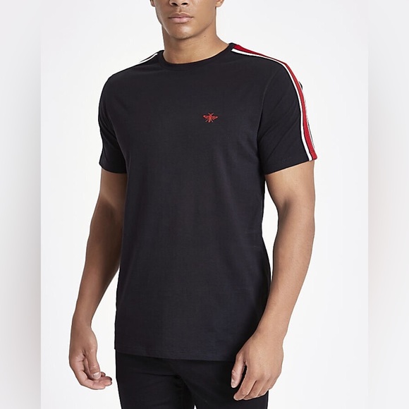 River Island Men's Black Slim Fit Tape Wasp Embroidery T-Shirt - Picture 1 of 5
